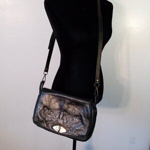 1940s MEEKER Black Embossed Leather Crossbody Flap w Turn-Lock Art Nouveau